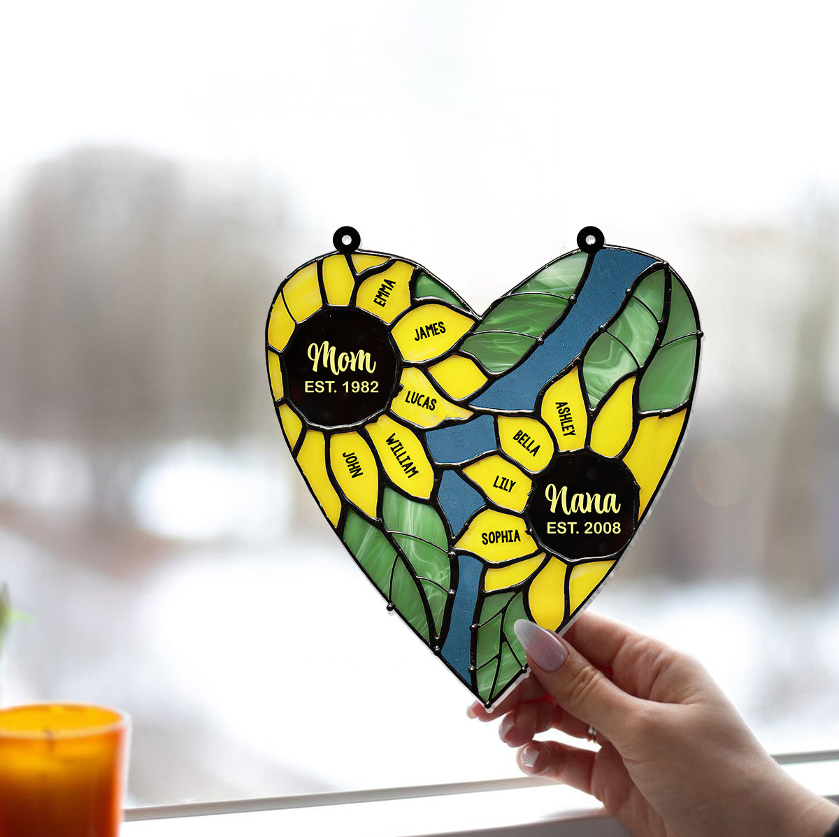 Mama Oma Grüne Herz-Sonnenblume - Personalisierter Oma-Fensterhänger-Sonnenfänger 