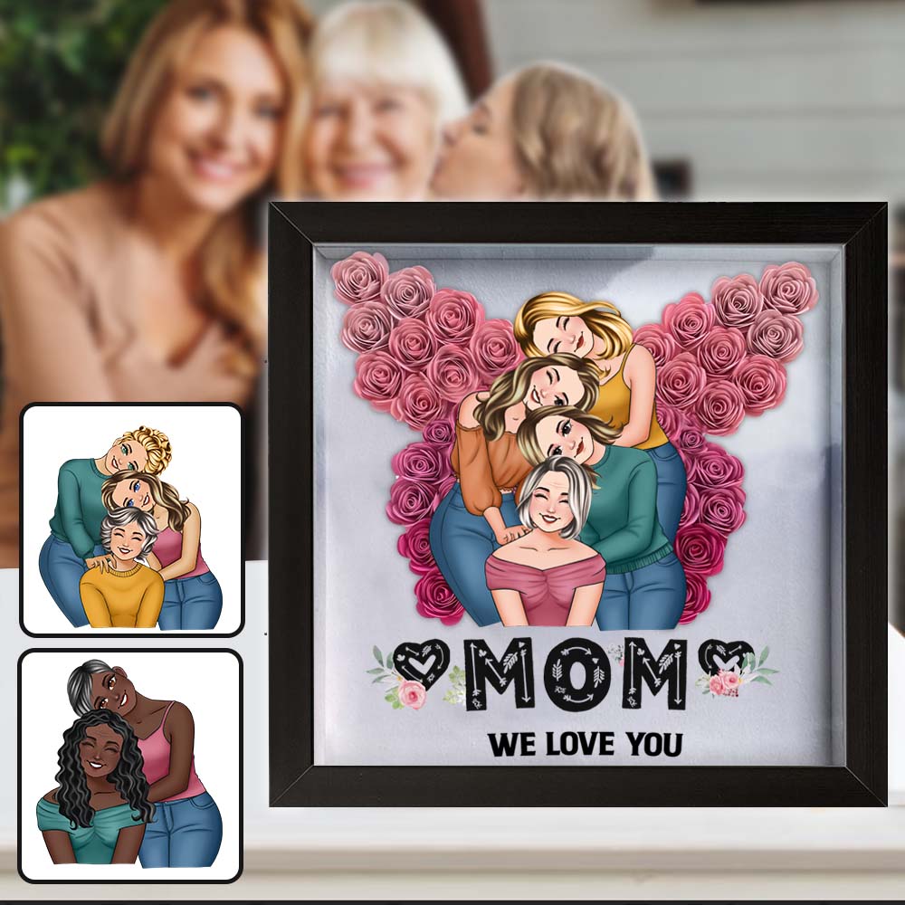 Mama, wir lieben dich, Schmetterling – personalisierte Mutter-Schattenbox in individueller Blumenform
