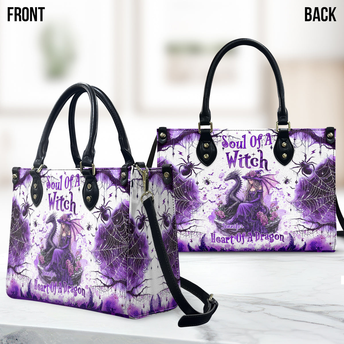 Seele einer Hexe, Herz eines Drachen – Personalisierte Hexen-Lederhandtasche