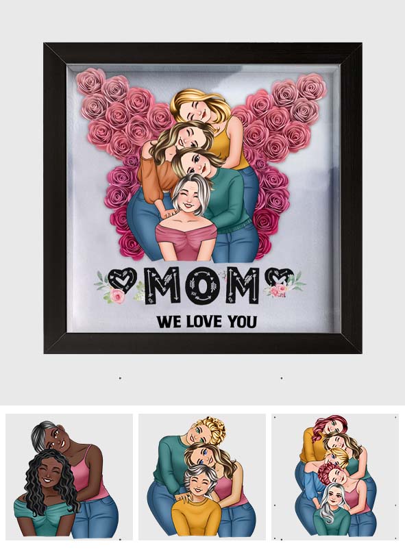 Mama, wir lieben dich, Schmetterling – personalisierte Mutter-Schattenbox in individueller Blumenform