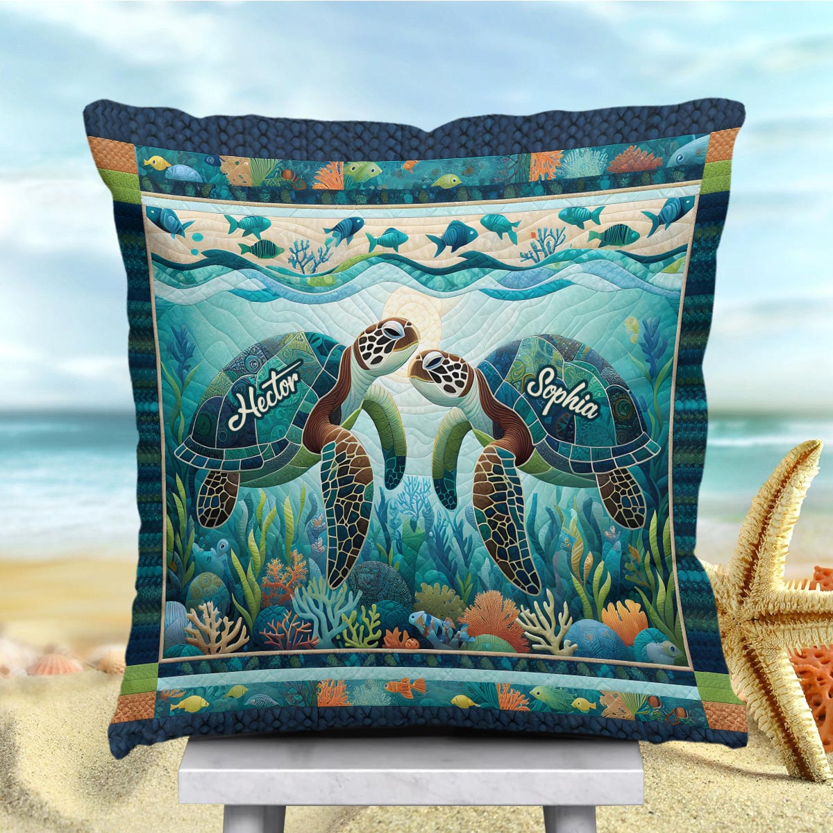 Du & Ich und das Meer – Personalisiertes Schildkröten-Dekokissen