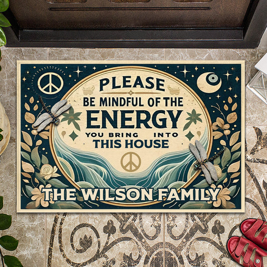 Please Be Mindful Of The Energy - Personalized Hippie Doormat