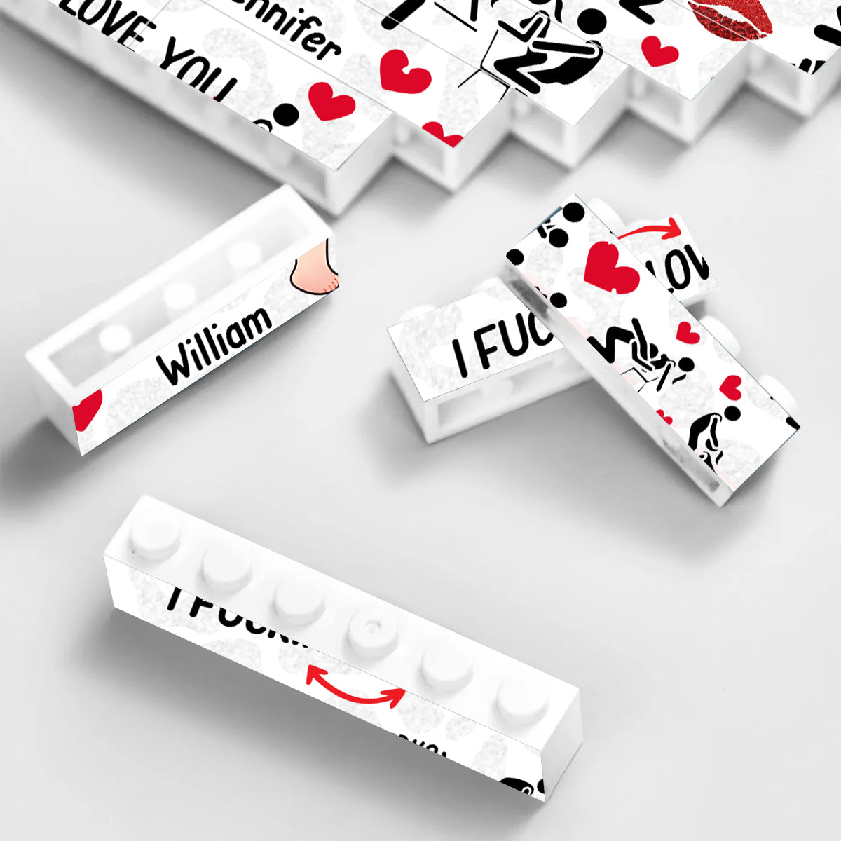 Ich liebe dich – Personalisierte Herz-Bausteine ​​für Paare, beidseitig bedruckt