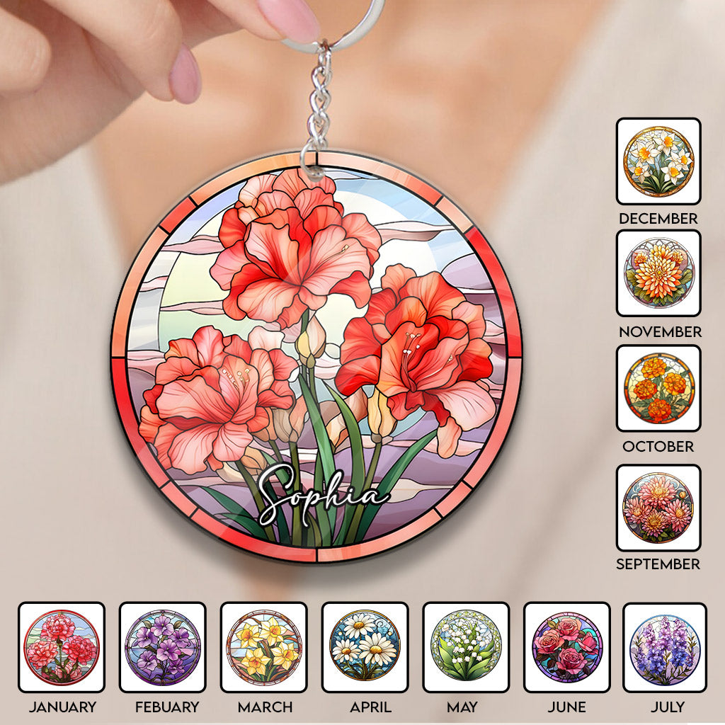 Geburtsmonatsblumen aus Buntglas – personalisierter Geburtstags-Schlüsselanhänger