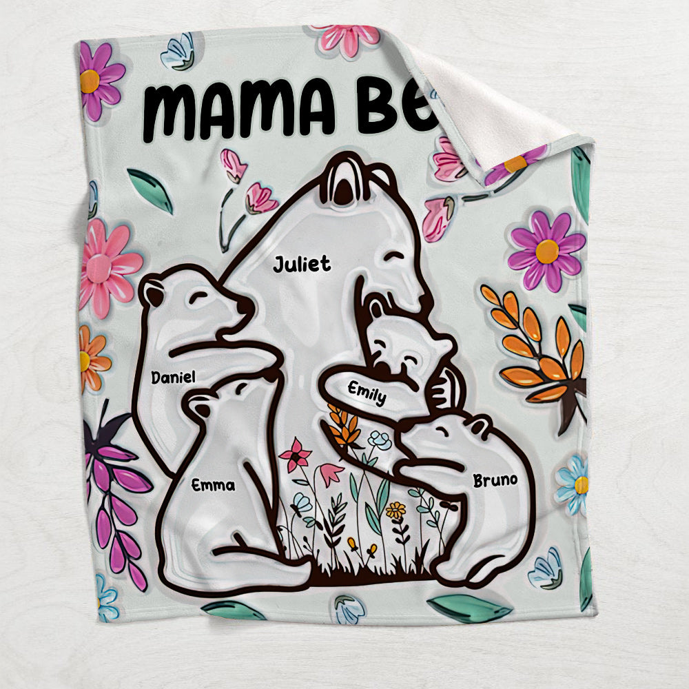 Mama Bär umarmt ihre Jungen – personalisierte Mutterdecke im Blumenmuster