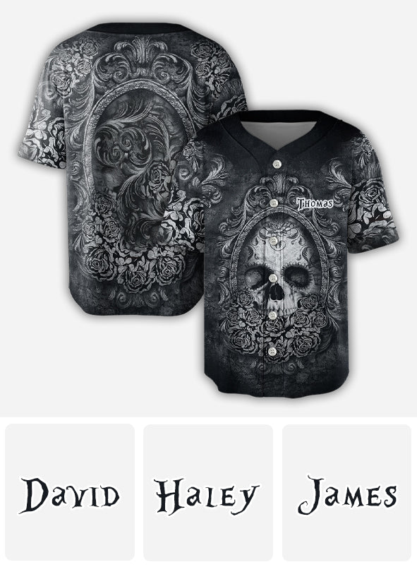Schwarzes Totenkopf-Baseballtrikot – personalisiertes Totenkopf-Trikot