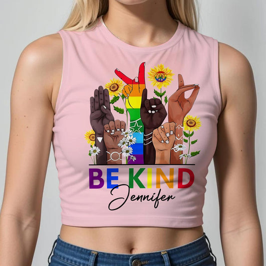 Sei freundlich – Gebärdensprache Regenbogen-Friedenszeichen – Personalisiertes Tanktop zur Unterstützung der LGBTQ+-Community