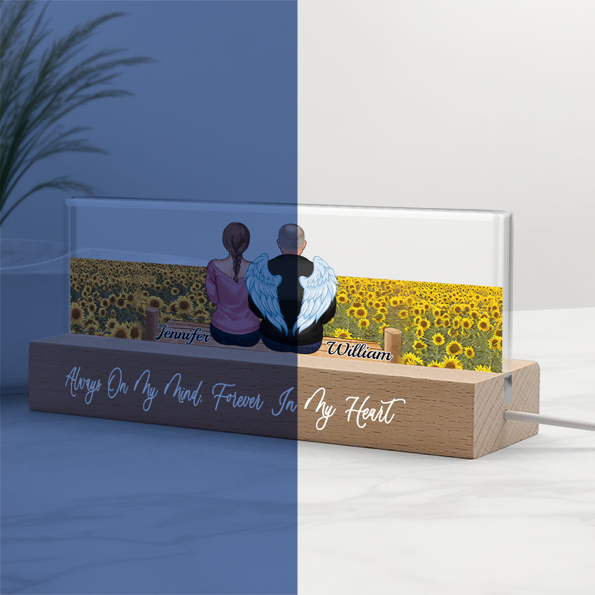 Gedenkflügel Sonnenblumenfeld – Personalisierte Gedenk-LED-Nachtleuchte