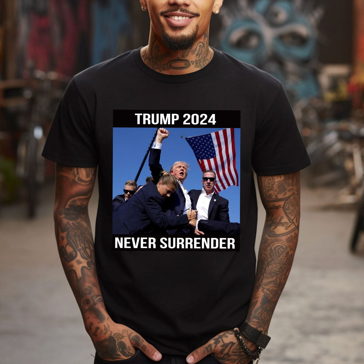 Trmp Sh0t T-Shirt Top | Donald TRMP 2024 Never Surrender Shirt Mugsh*t Tee
 T-Shirt & Hoodie