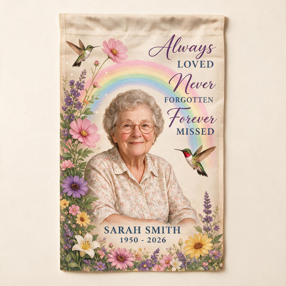 Personalized Hummingbird Rainbow Memorial Garden Flag - Custom Photo Sympathy Gift Remembrance Keepsake