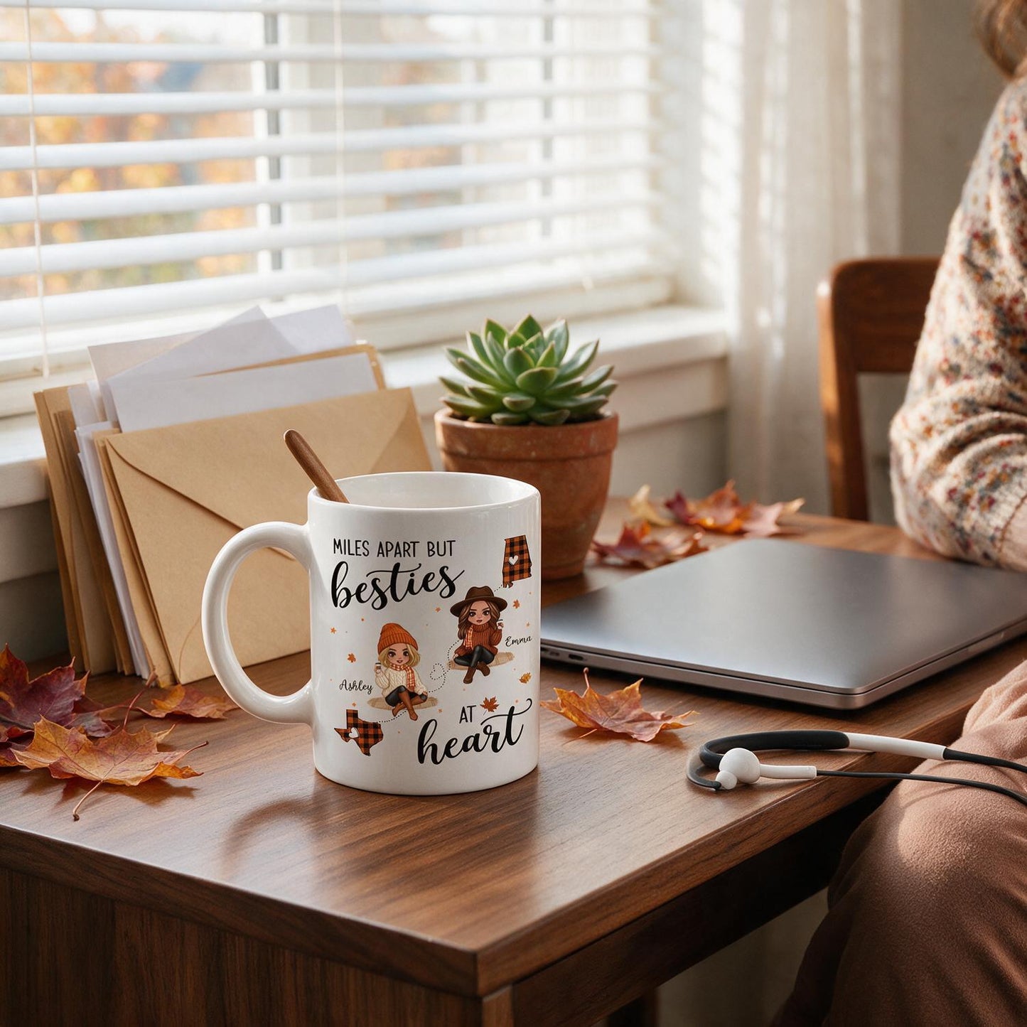 Personalized Fall Plaid Long Distance Besties Mug, Miles Apart Best Friends Gift with Custom States