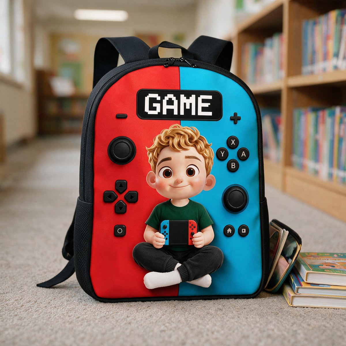 Personalized Gamer Boy Controller Backpack - Red Blue Split Switch-Style Design - Back to School Gift for Young Kids