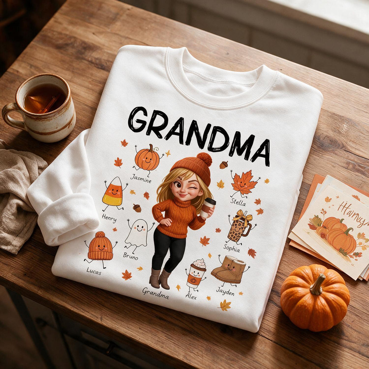 Personalized Grandma Fall Sweatshirt, Custom Grandkids Names Cute Fall Doodle Characters, Thanksgiving Gift for Grandma
