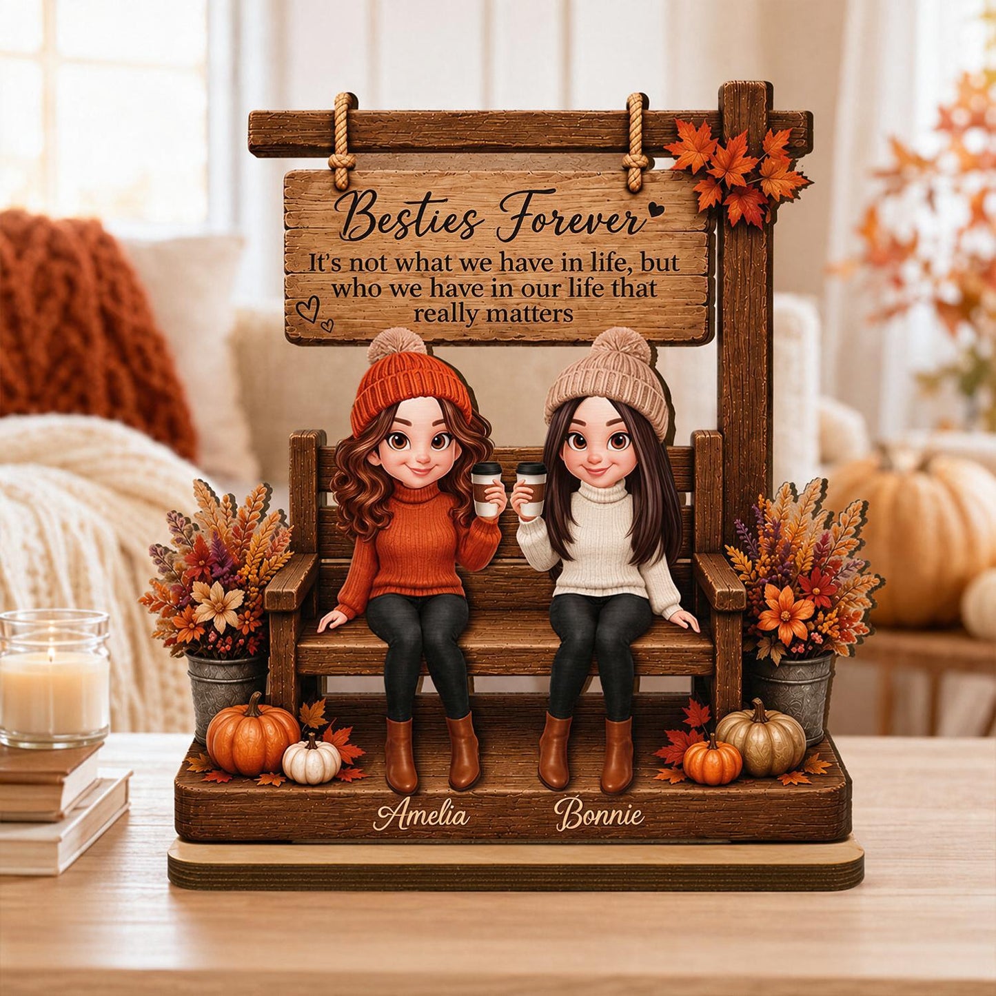 Personalized Fall Best Friends Forever Wooden Plaque - Custom Name Standing Desk Decor Gift for Bestie
