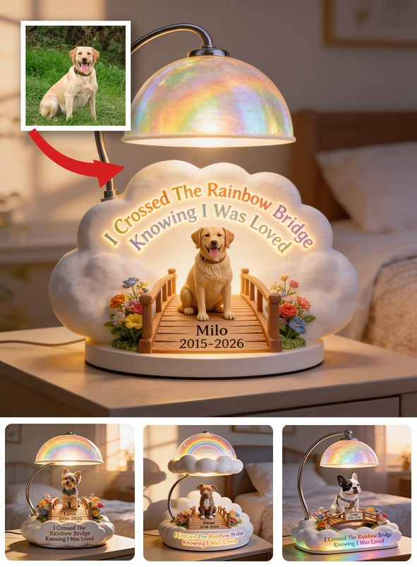 Ich habe die Regenbogenbrücke überquert - Personalisierte gelbe Labrador-Acryl-LED-Nachtlampe