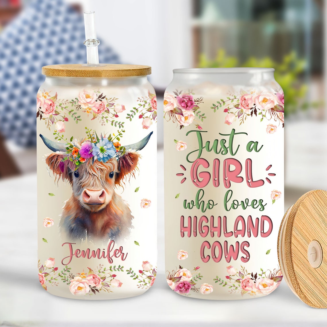 Personalisierte Highland Cow Dose Glas 0624 – Einfach ein Mädchen, das Hochlandrinder liebt