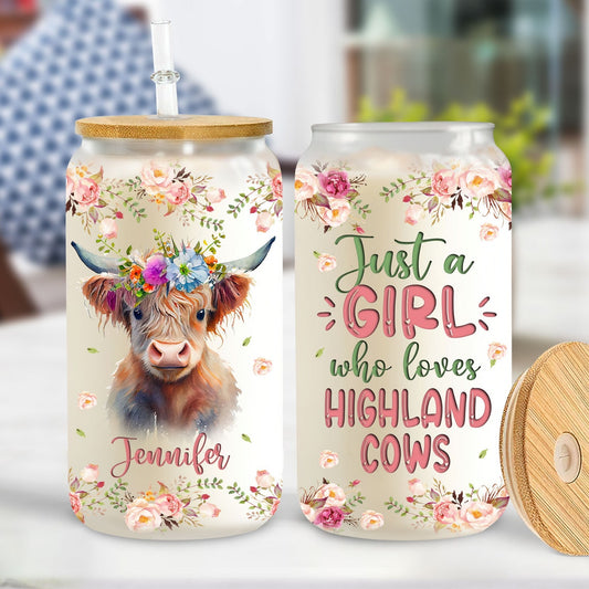 Personalisierte Highland Cow Dose Glas 0624 – Einfach ein Mädchen, das Hochlandrinder liebt