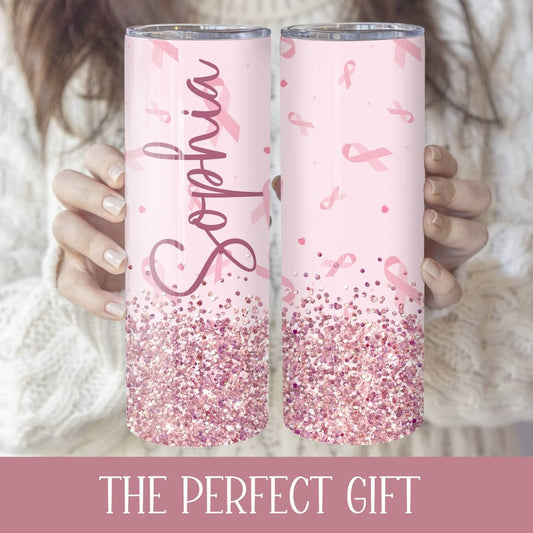 Geschenkideen für Brustkrebsbetroffene, Brustkrebs-Trinkbecher – Personalisierter, schlanker Trinkbecher zur Sensibilisierung für Brustkrebs 0924