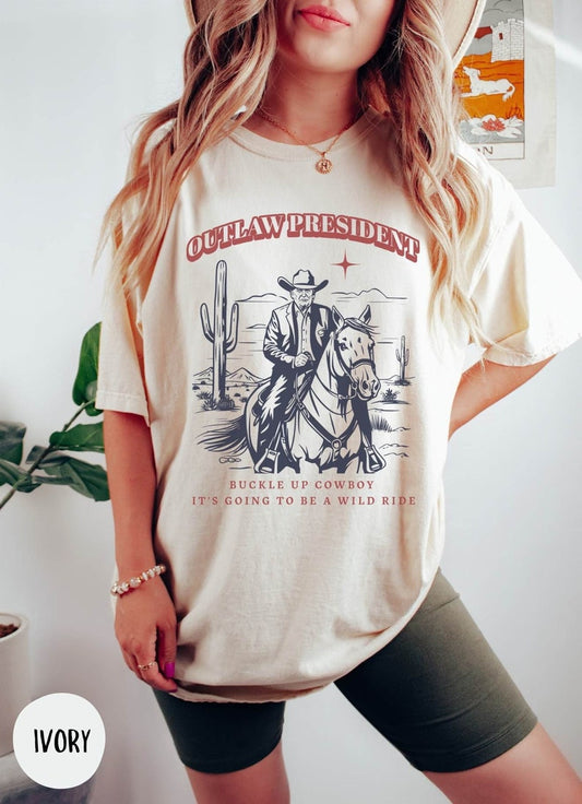 „Outlaw President Trump“-T-Shirt, Western-Cowboy-Shirt mit Donald Trump, „Trump verurteilt, nicht schuldig“, lustiges Wahl-T-Shirt und Hoodie für 2024