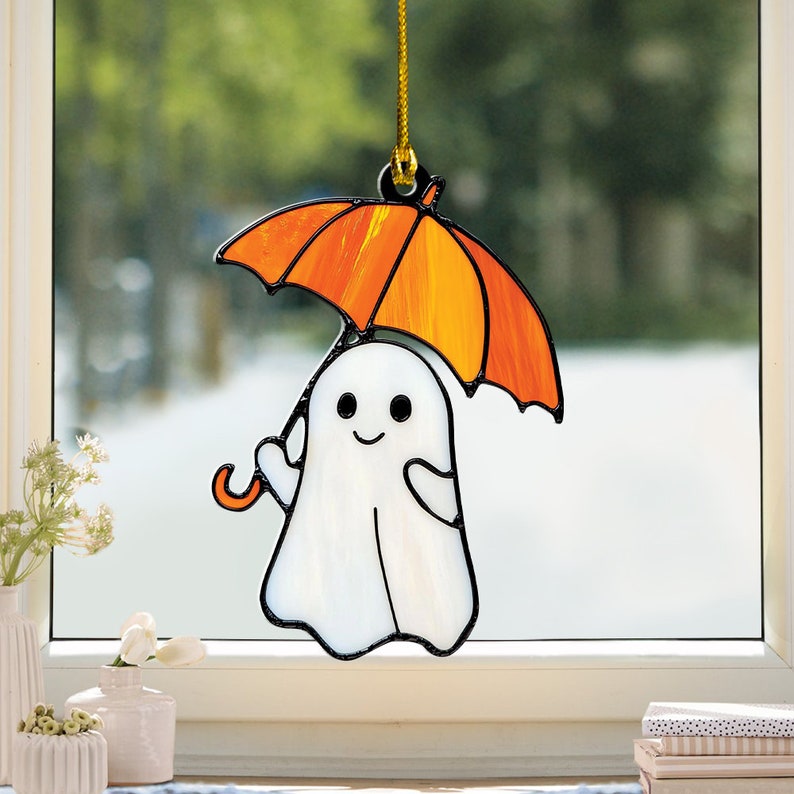 Niedlicher Geist mit Regenschirm Halloween-Fensterhänger Halloween-Fensterhänger-Sonnenfänger-Ornament 0924 