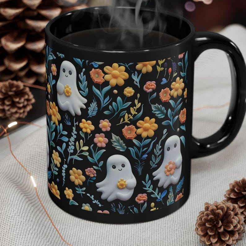 Vintage Halloween-Tasse mit Blumen- und Geistermotiv 0924