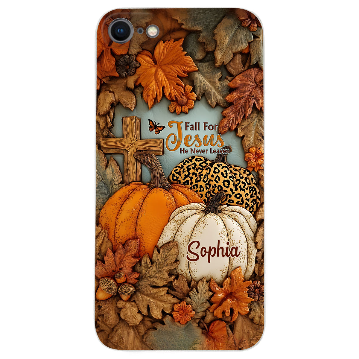 Fall for Jesus, He Never Leaves - Personalized Christian Leather Phone Case