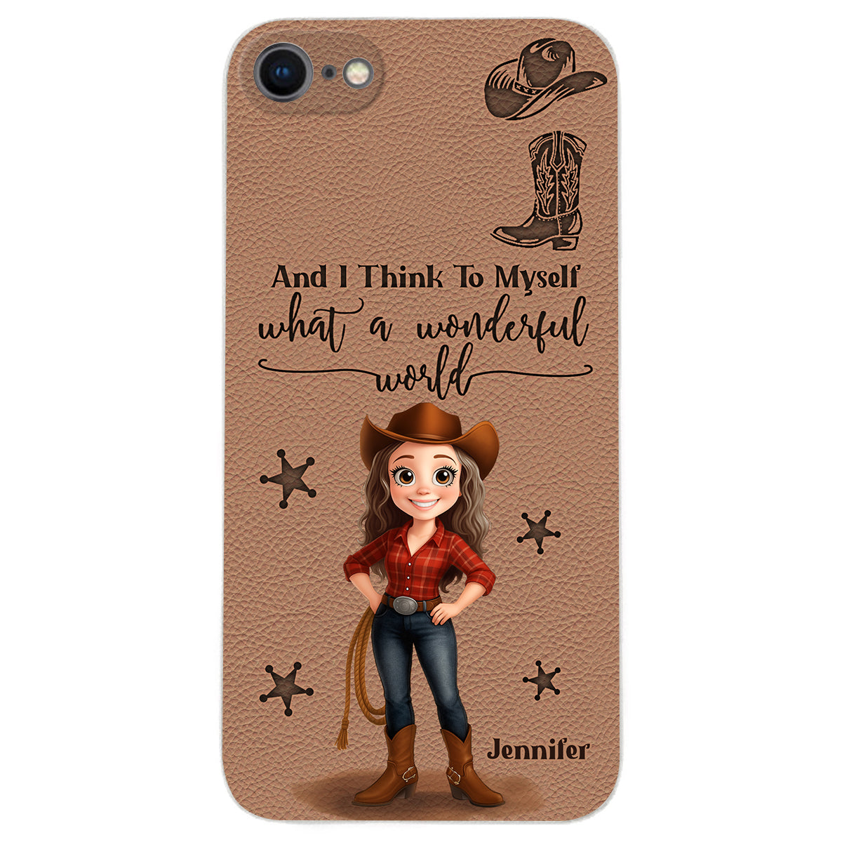 Cowgirl What A Wonderful World - Personalisierte Cowgirl-Handyhülle aus Leder