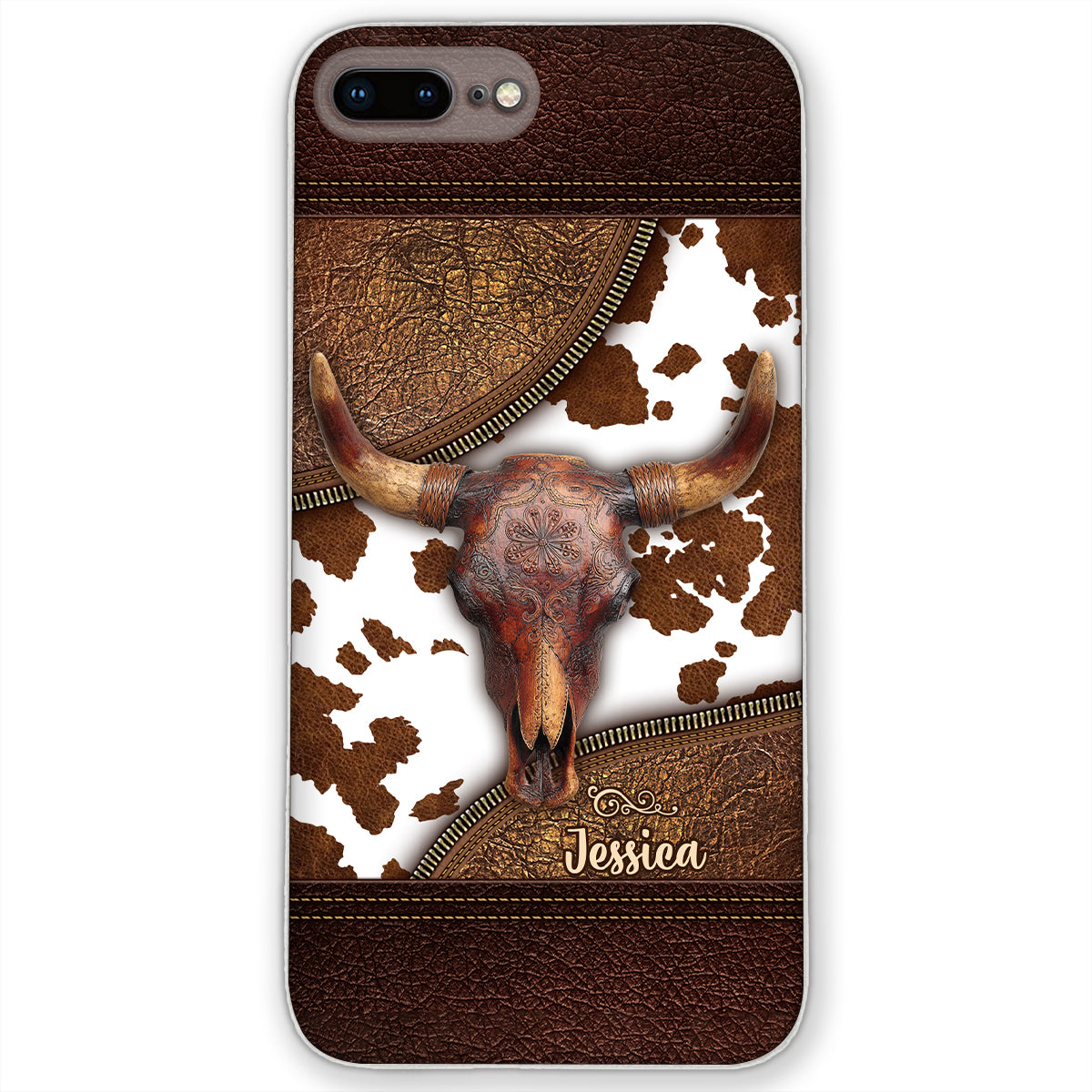 Skeleton Bull Skull - Personalized Western Leather Phone Case