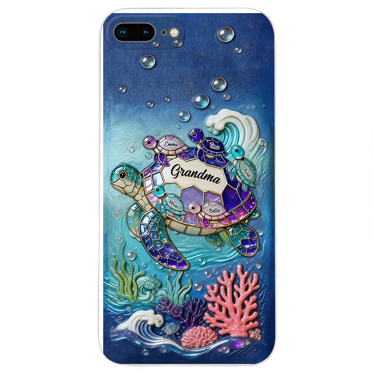 Grandma Turtle - Personalized Turtle 3D Embossed Leather Phone Case