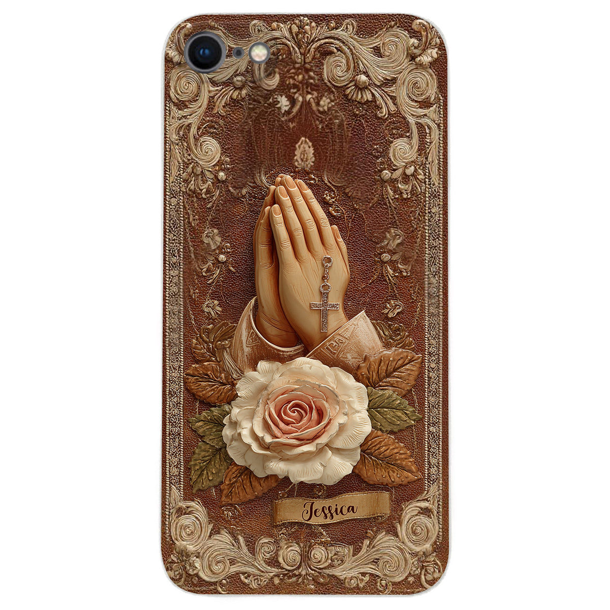 Betende Hände mit Rosen – Personalisierte christliche Handyhülle aus Leder