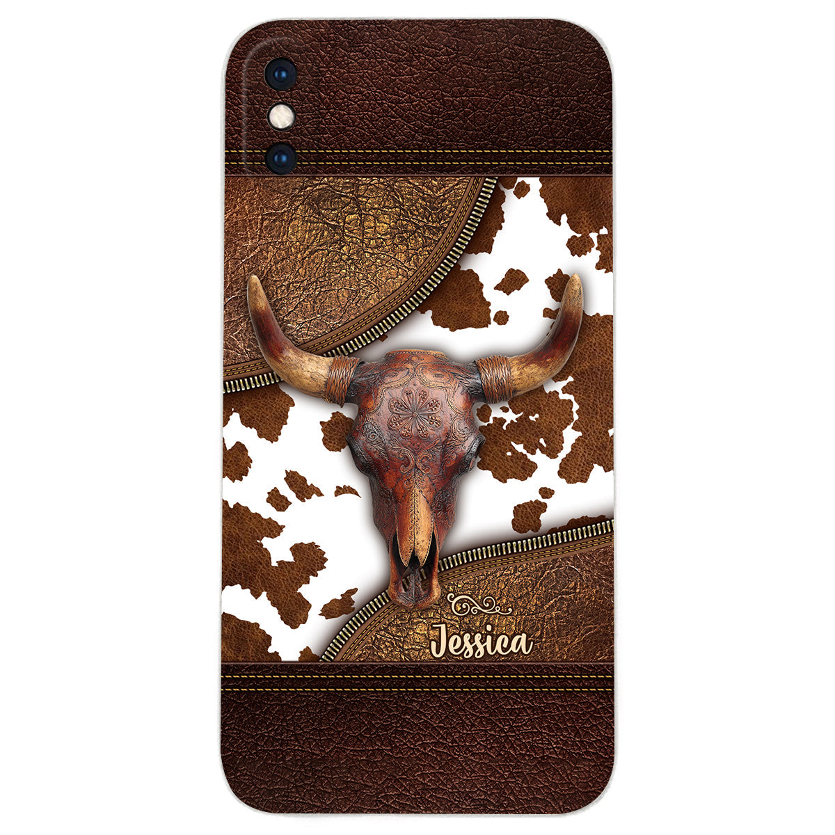 Skeleton Bull Skull - Personalized Western Leather Phone Case