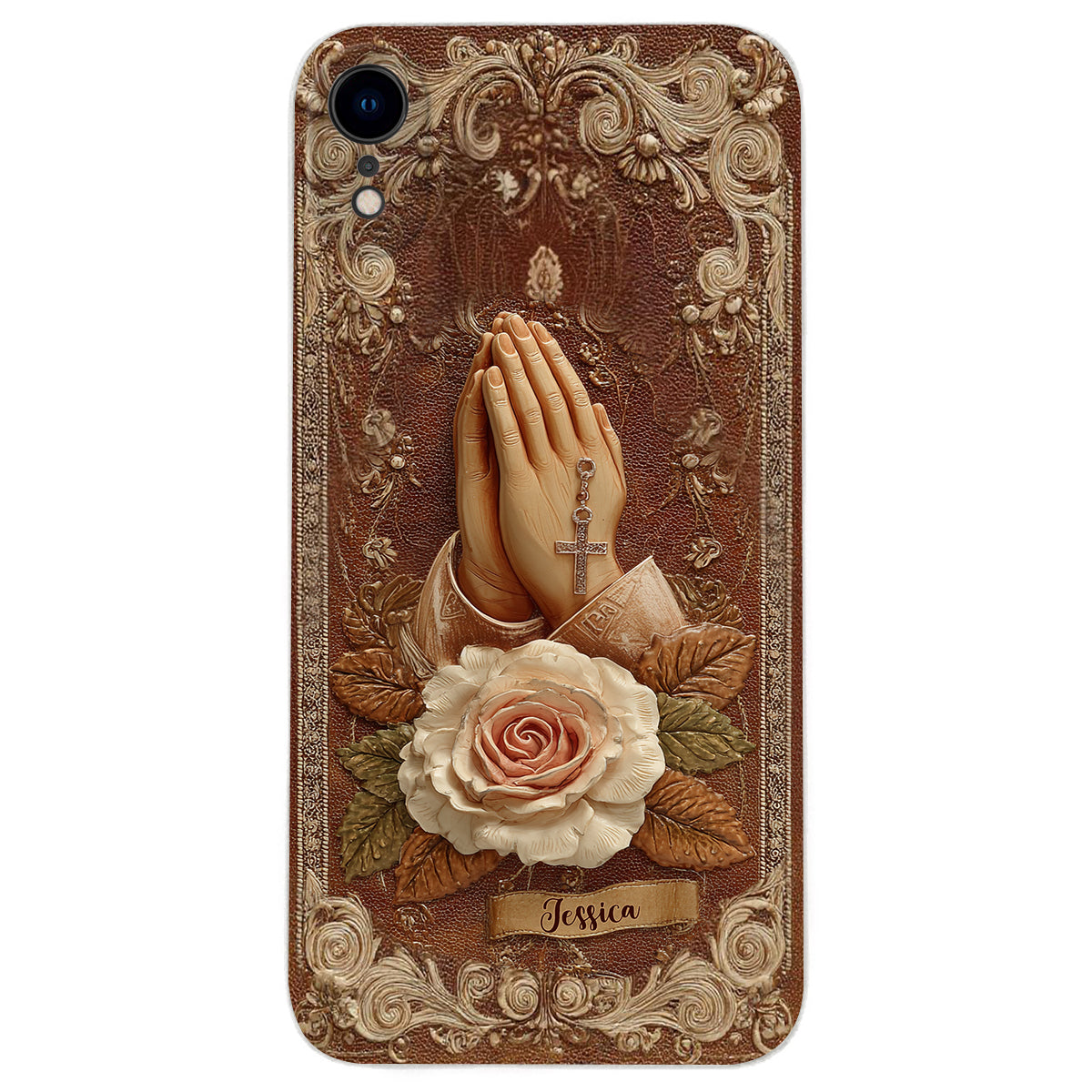Betende Hände mit Rosen – Personalisierte christliche Handyhülle aus Leder