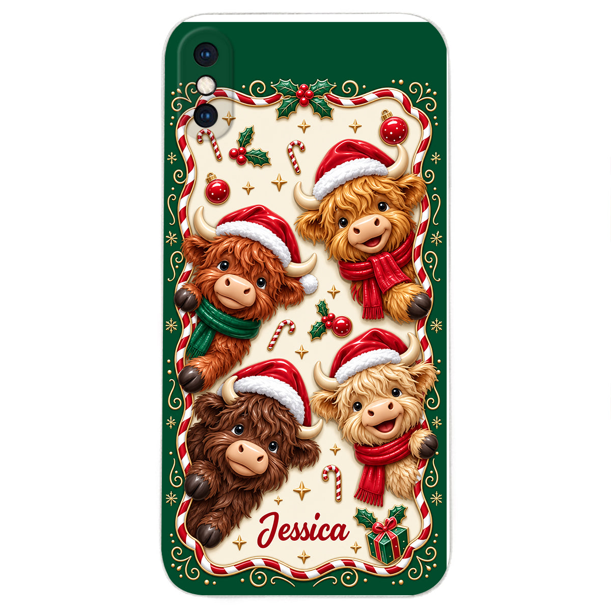 Merry Christmas Cute Highland Cows - Personalized Highland Cow 3D Embossed Leather Phone Case