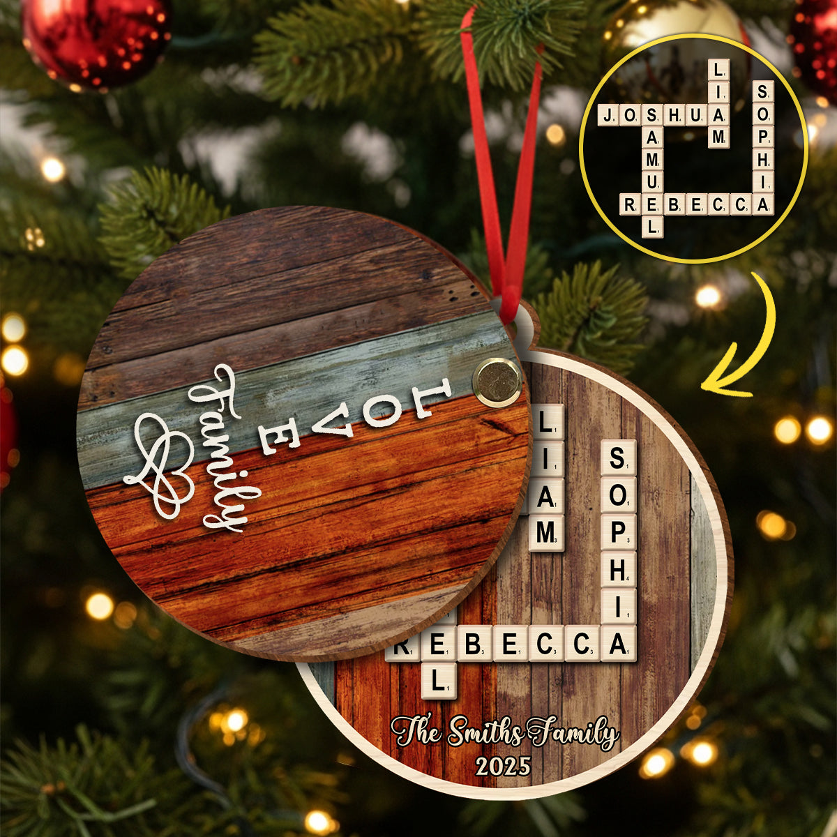„Liebe Familie“-Kreuzworträtsel/Scrabble-Puzzle – Personalisierter Familien-Wende-Ornament