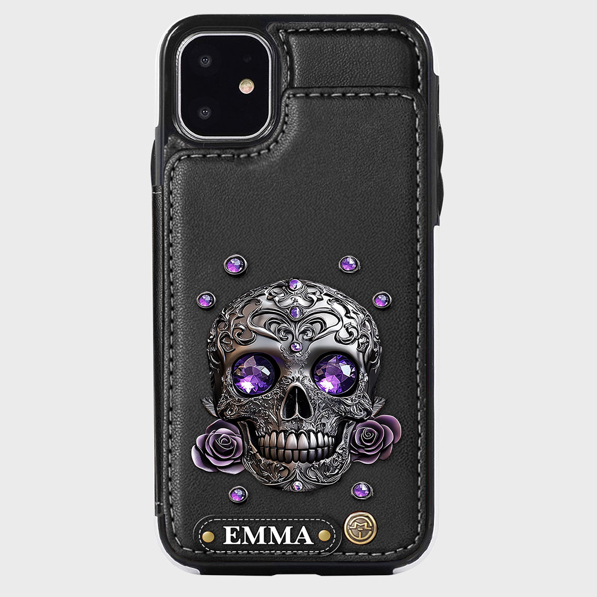 Wunderschöne Totenkopf- und Rosen-Handyhülle mit personalisiertem Totenkopf-Geldbeutel