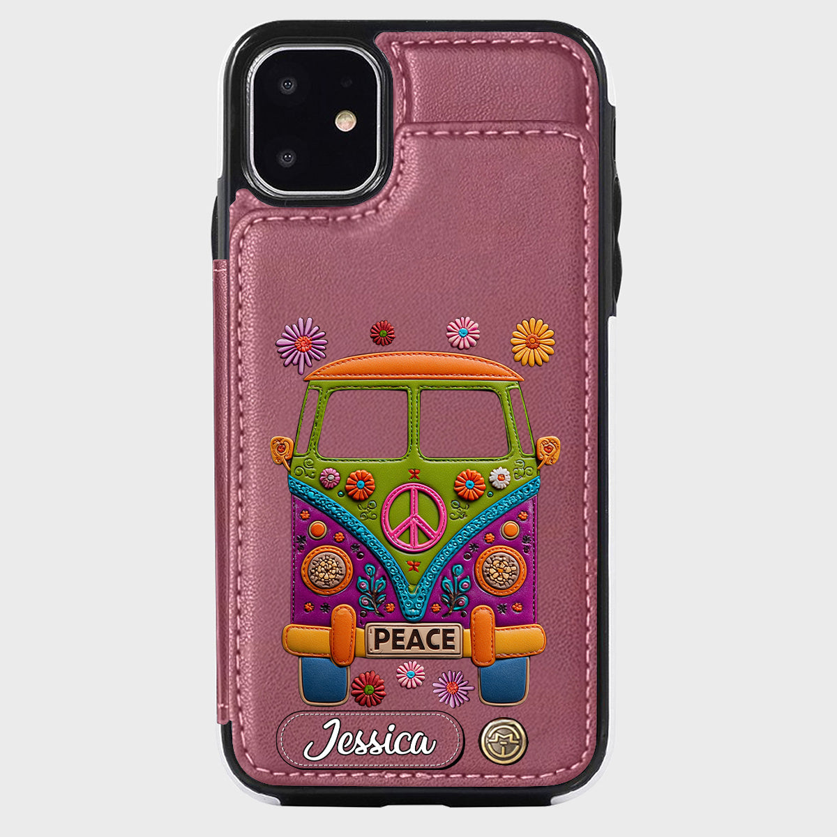 Peace Bus – Personalisierte Hippie-Handyhülle mit Lederanhänger