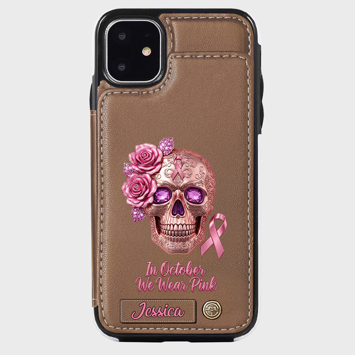 Totenkopf und Schleife – Personalisierte Handyhülle mit Brieftaschenfunktion zur Sensibilisierung für Brustkrebs