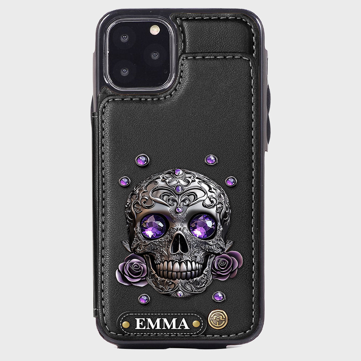 Wunderschöne Totenkopf- und Rosen-Handyhülle mit personalisiertem Totenkopf-Geldbeutel