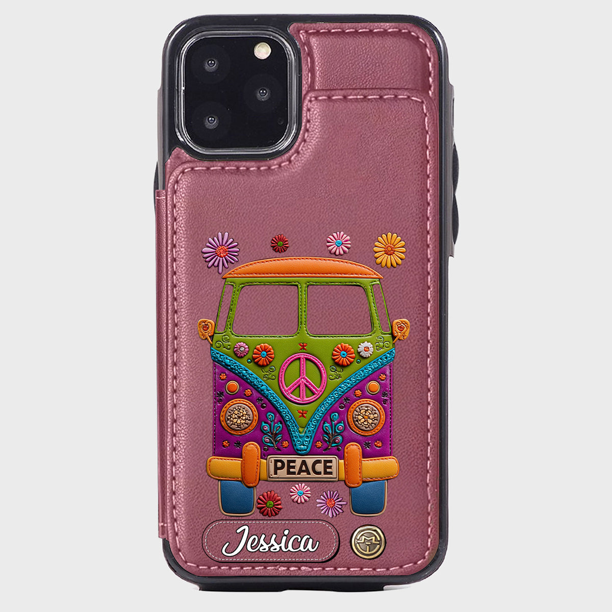 Peace Bus – Personalisierte Hippie-Handyhülle mit Lederanhänger