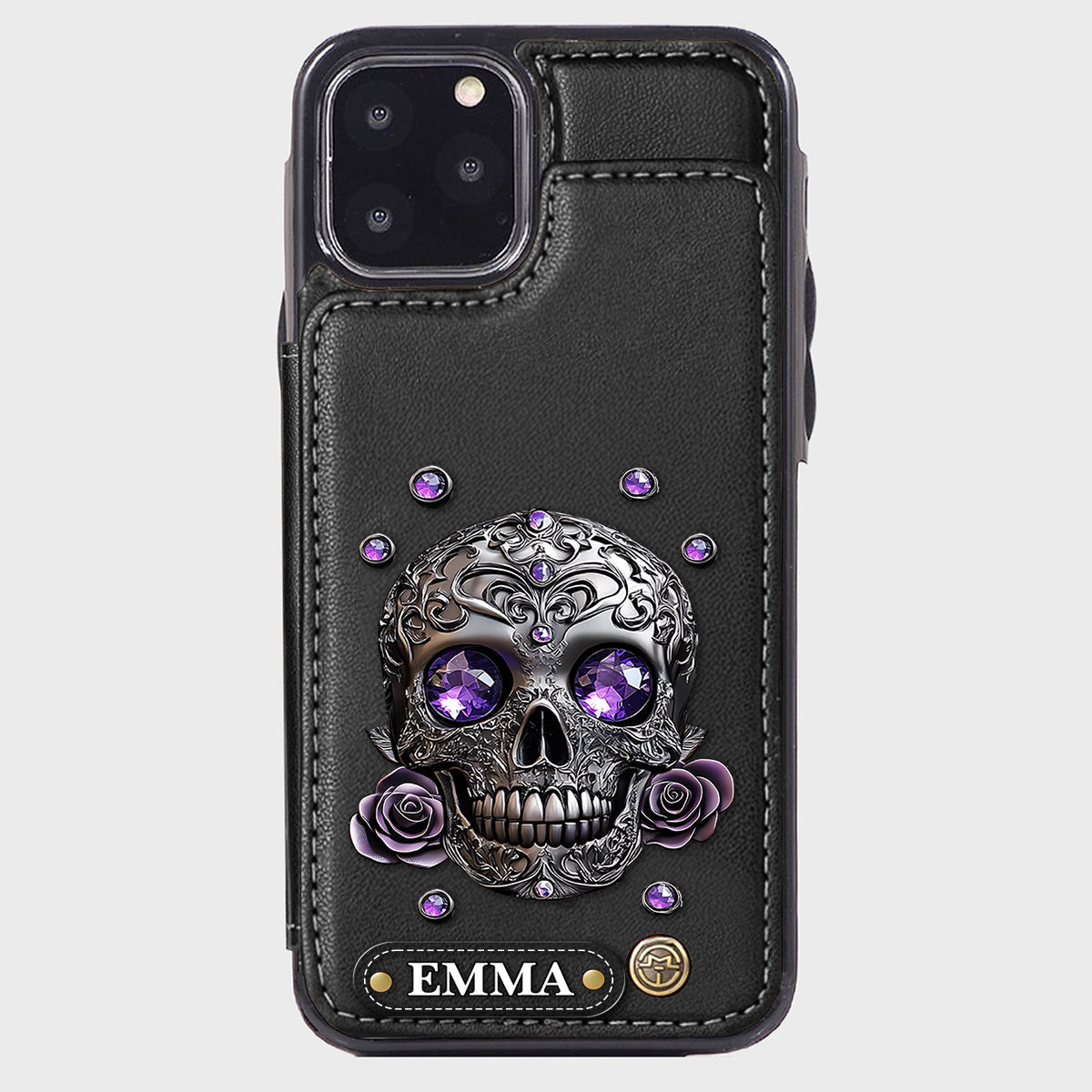 Wunderschöne Totenkopf- und Rosen-Handyhülle mit personalisiertem Totenkopf-Geldbeutel