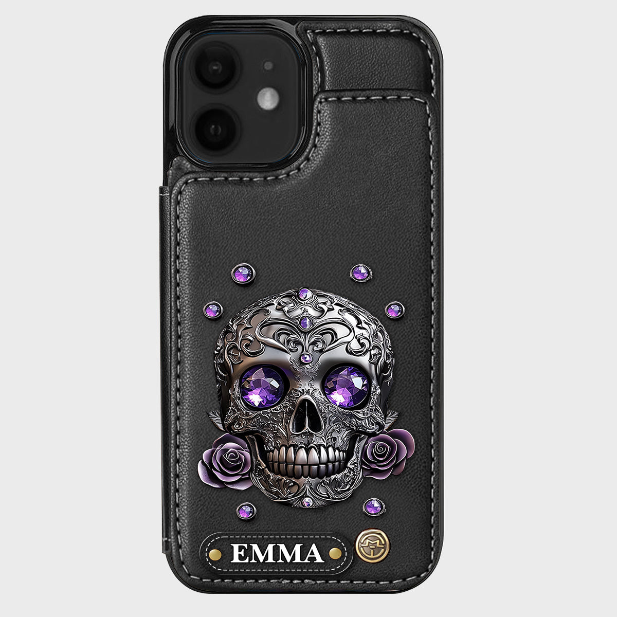 Wunderschöne Totenkopf- und Rosen-Handyhülle mit personalisiertem Totenkopf-Geldbeutel