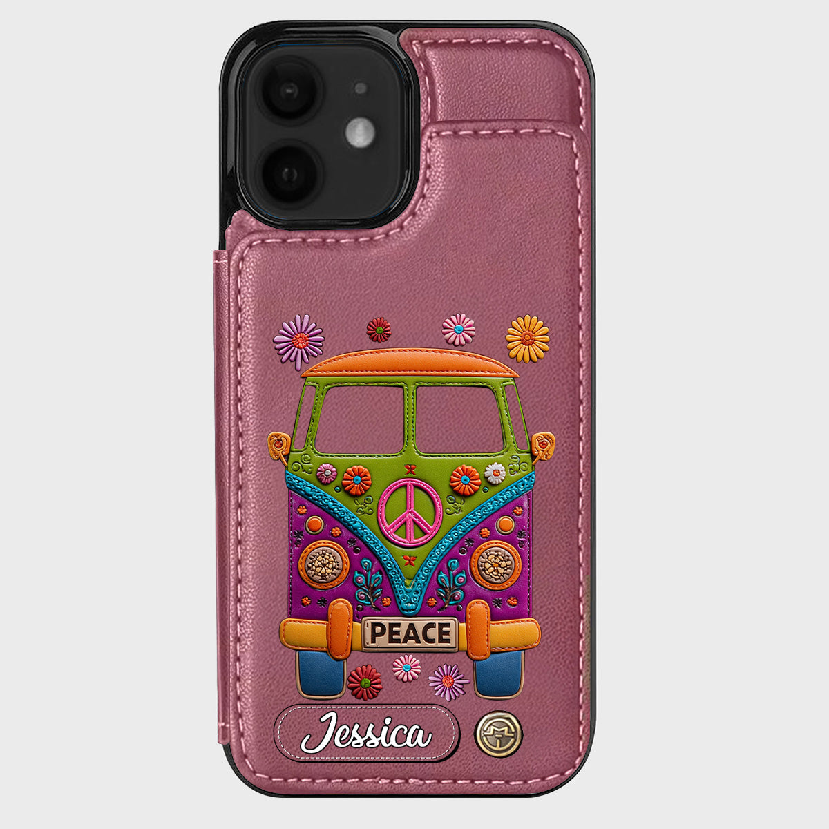 Peace Bus – Personalisierte Hippie-Handyhülle mit Lederanhänger