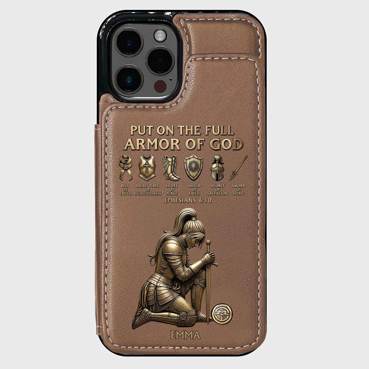 Legt die ganze Rüstung Gottes an – Personalisierte christliche Handyhülle mit Brieftaschenfunktion