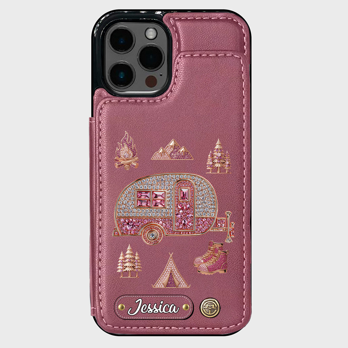 Liebe zum Camping – Personalisierte Handyhülle mit Camping-Geldbörse