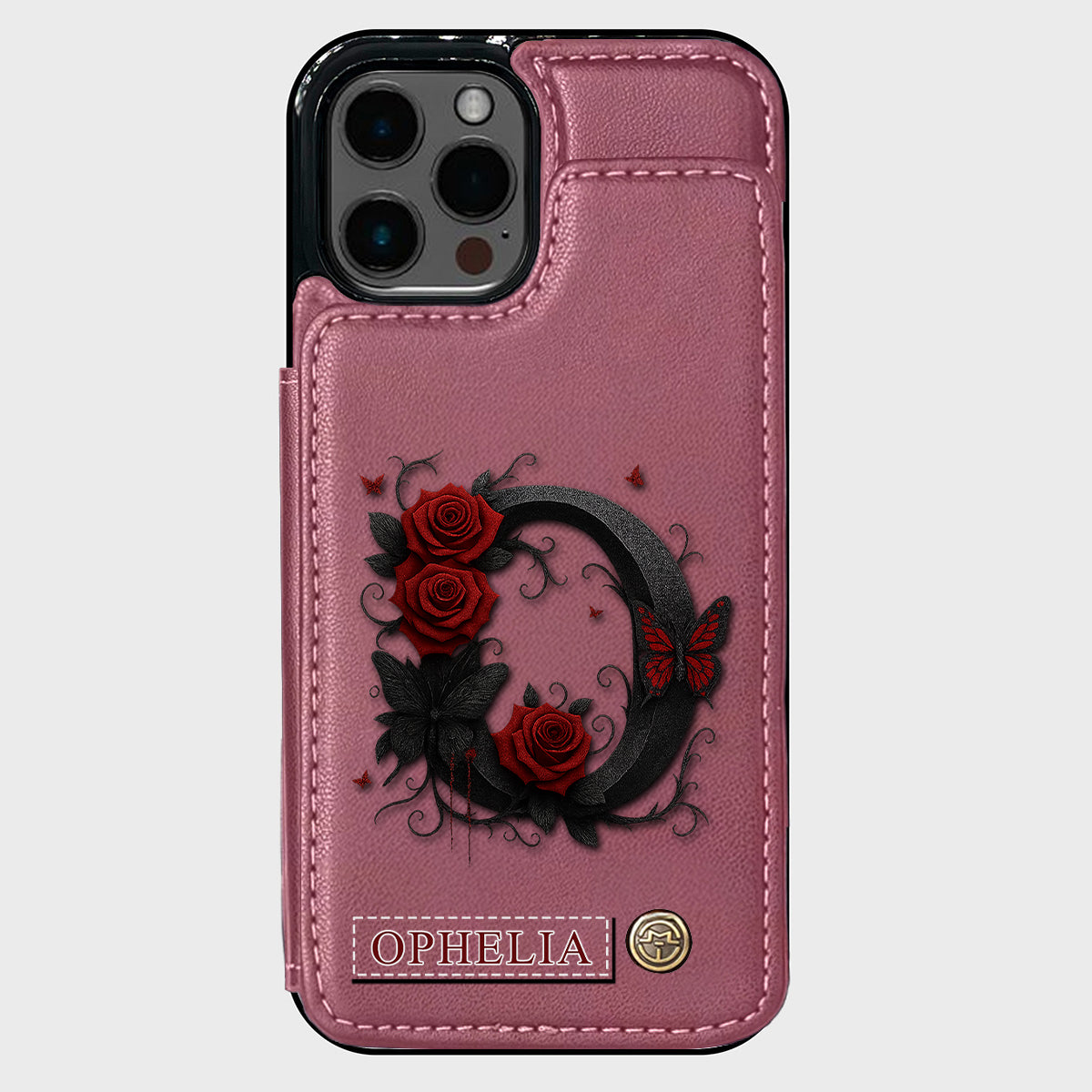 Alphabet Red Rose And Butterflies - Personalized Luxury Wallet Phone Case