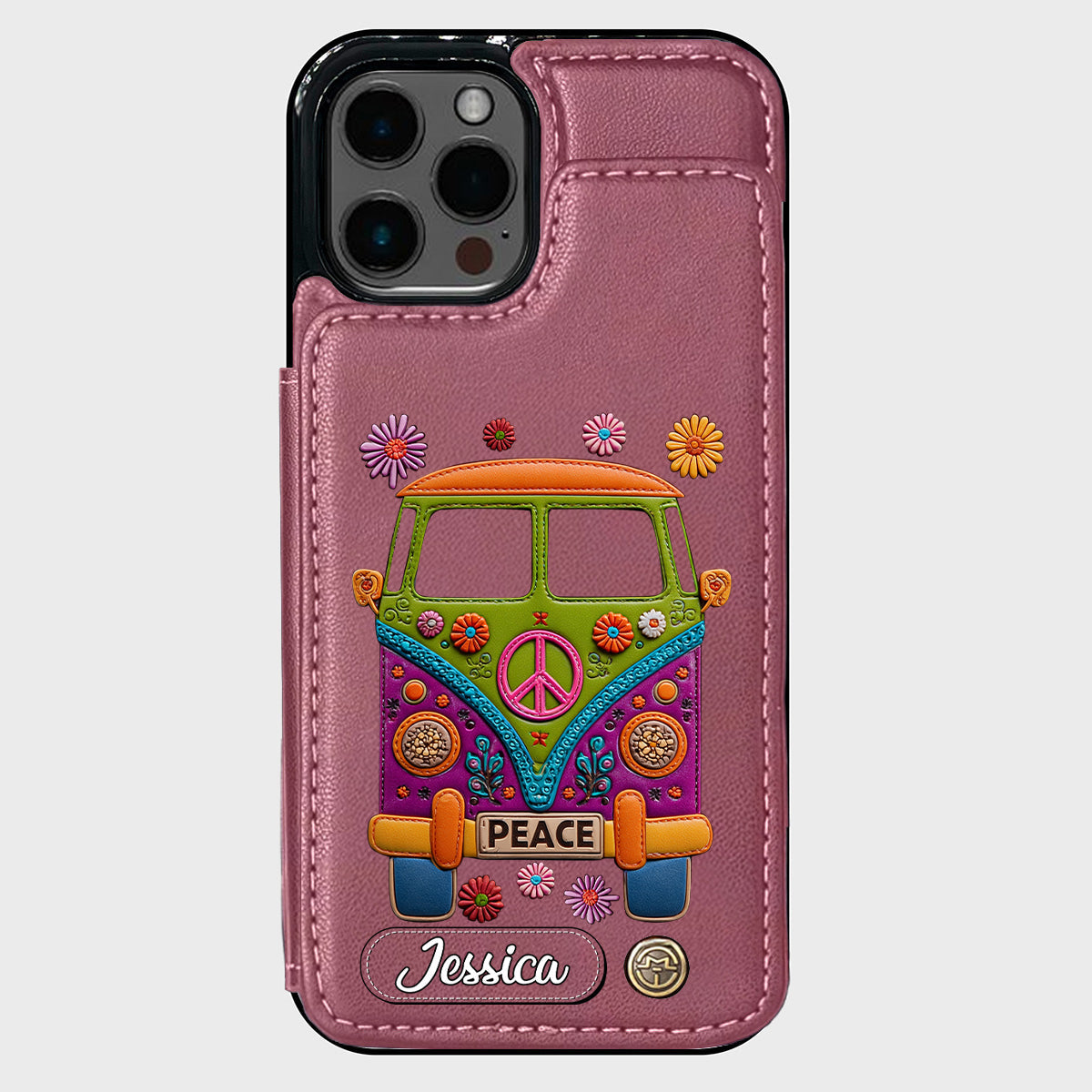 Peace Bus – Personalisierte Hippie-Handyhülle mit Lederanhänger