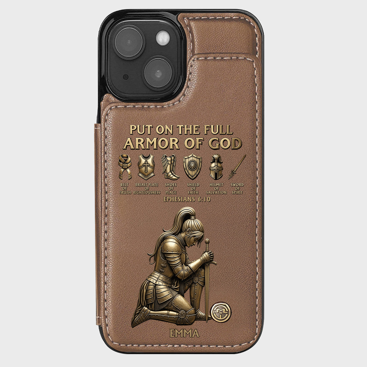 Legt die ganze Rüstung Gottes an – Personalisierte christliche Handyhülle mit Brieftaschenfunktion