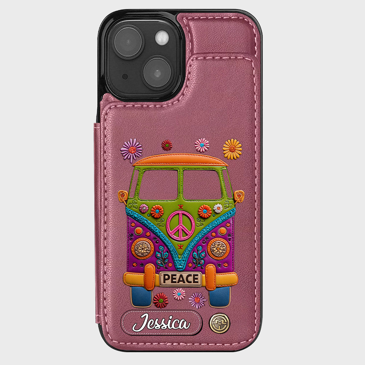 Peace Bus – Personalisierte Hippie-Handyhülle mit Lederanhänger