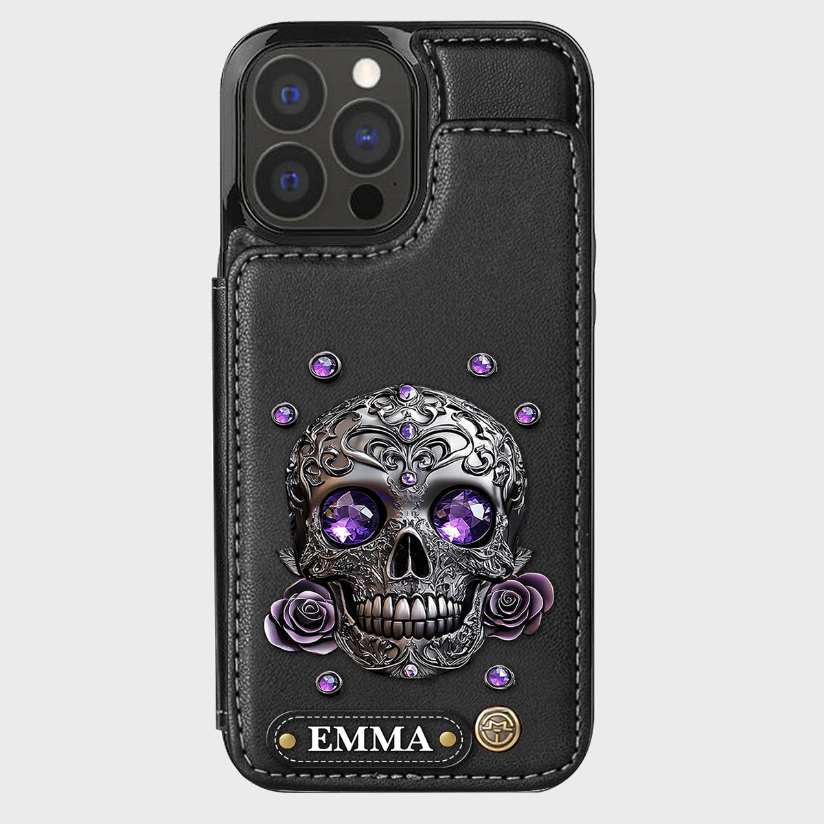 Wunderschöne Totenkopf- und Rosen-Handyhülle mit personalisiertem Totenkopf-Geldbeutel