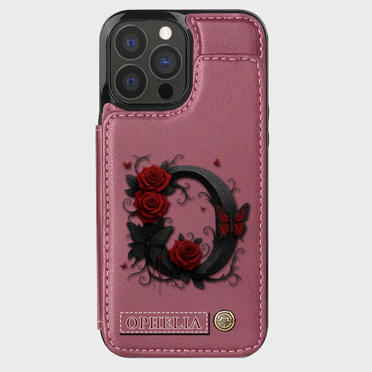 Alphabet Red Rose And Butterflies - Personalized Luxury Wallet Phone Case